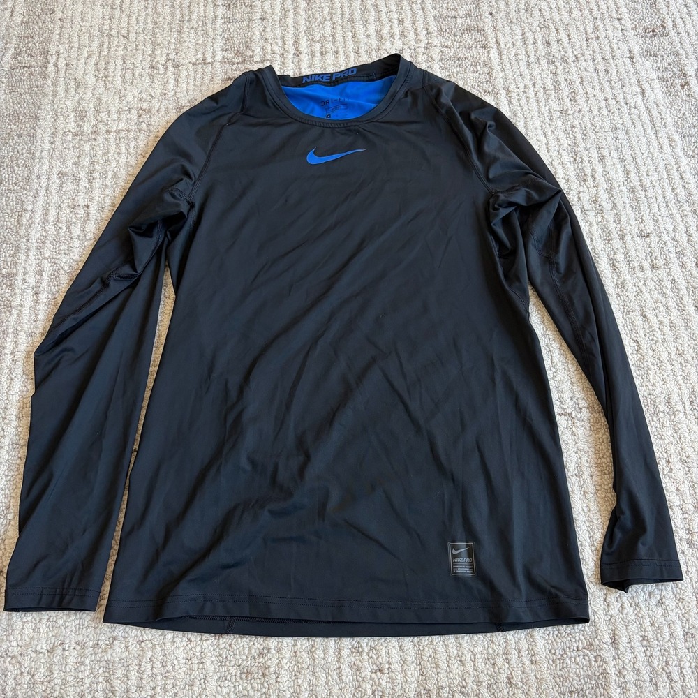 Nike Pro Dri-FIT Mens Small Fitted Long Sleeve Compression Shirt Black Blue Logo